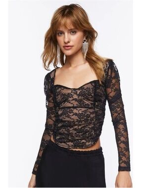 Forever 21 Black Sheer Floral Lace Long-Sleeve Blouse